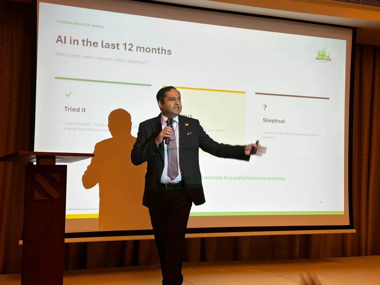 Zahaib Nabeel presenting AI in Business at Pakistanis in Dubai Business Networking Session 04 in Dubai.